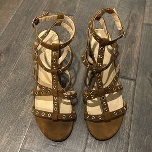 Sugar Rock N Roll Studded Gladiator Heels Brown 3.25” Size 8.5M